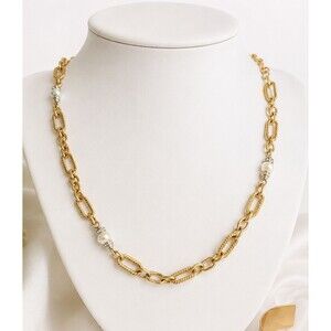 Chunky Gold Rope Link Pearl Station Necklace & Wide Open Cuff Bracelet Set